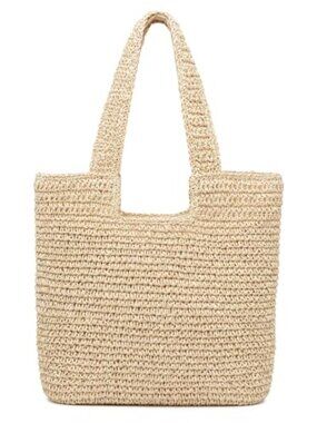 Woven Straw Tote Bag, Bohemian Shoulder Beach Handbag, Zip Closure, Foldable